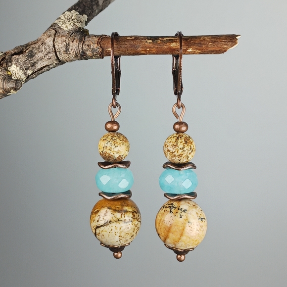 HAND CRAFTED Boho Rustic Tan Jasper Turquoise Copper Gemstone Earrings - Picture 3 of 6